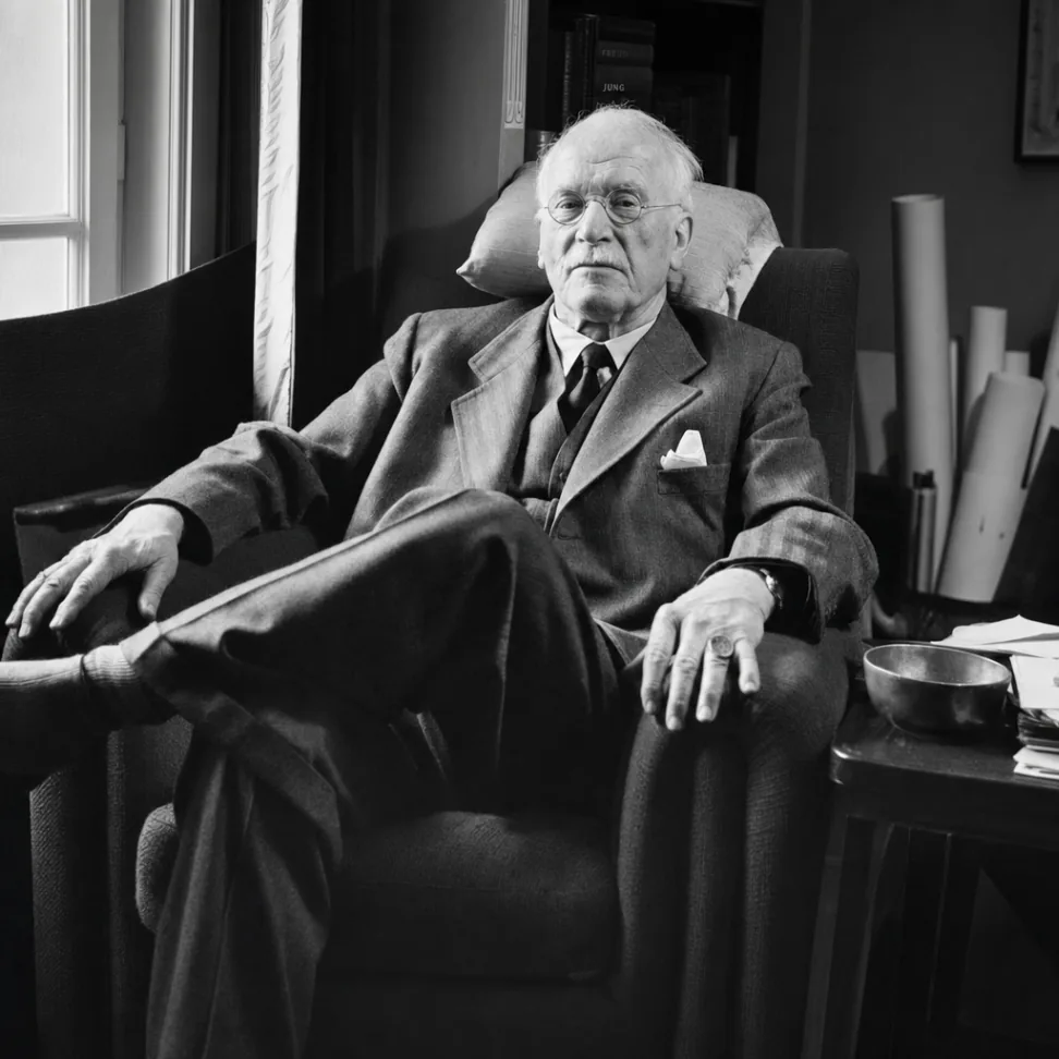 Retrato em preto e branco de Carl Gustav Jung sentado em uma poltrona.